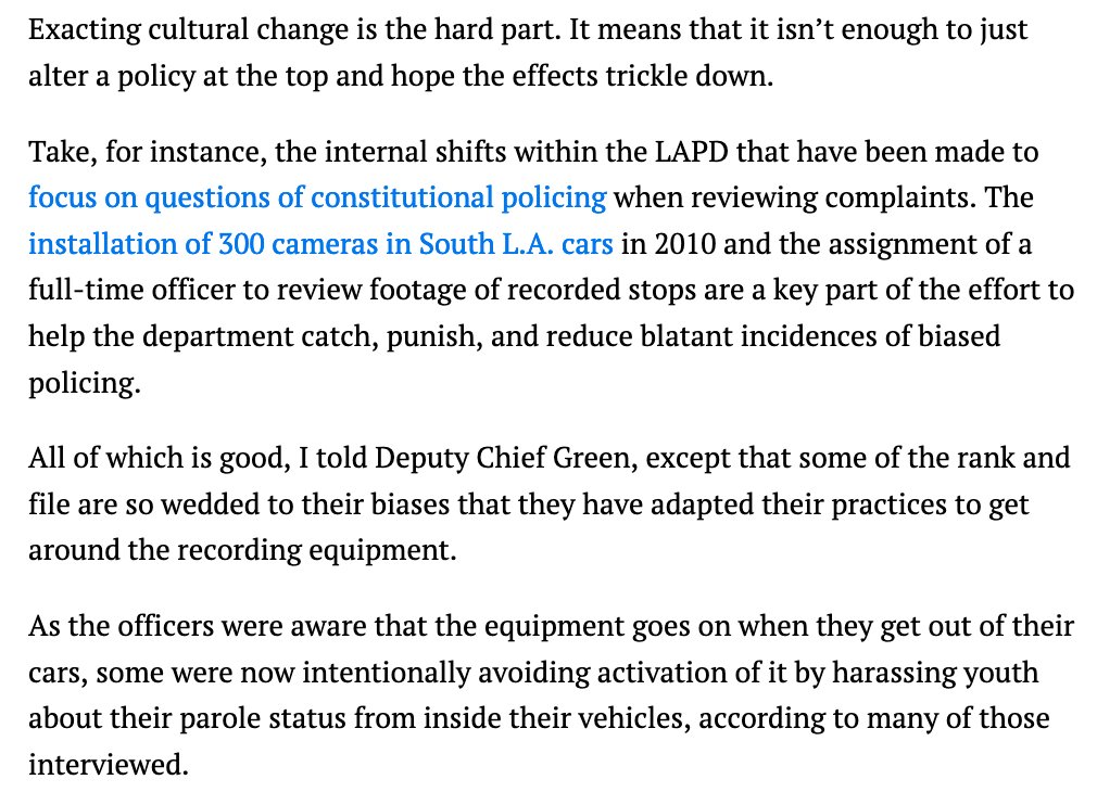 Several years back, while tracking incidences of profiling around USC, youth told me that officers had started harassing them from inside their squad cars. They were trying to get around the dashboard cameras being turned on.  https://la.streetsblog.org/2013/05/13/a-tale-of-two-communities-part-ii-lapd-finds-it-stirred-up-hornets-nest-by-profiling-usc-students-of-color/