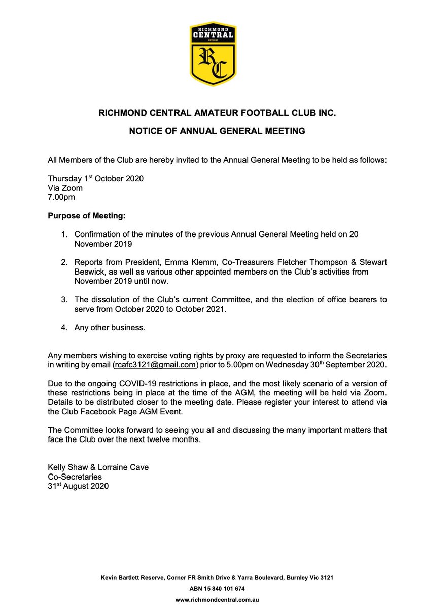 Our Annual General Meeting will be held Thursday 1 October from 7pm, via Zoom.

For further information, please contact rcafc3121@gmail.com.