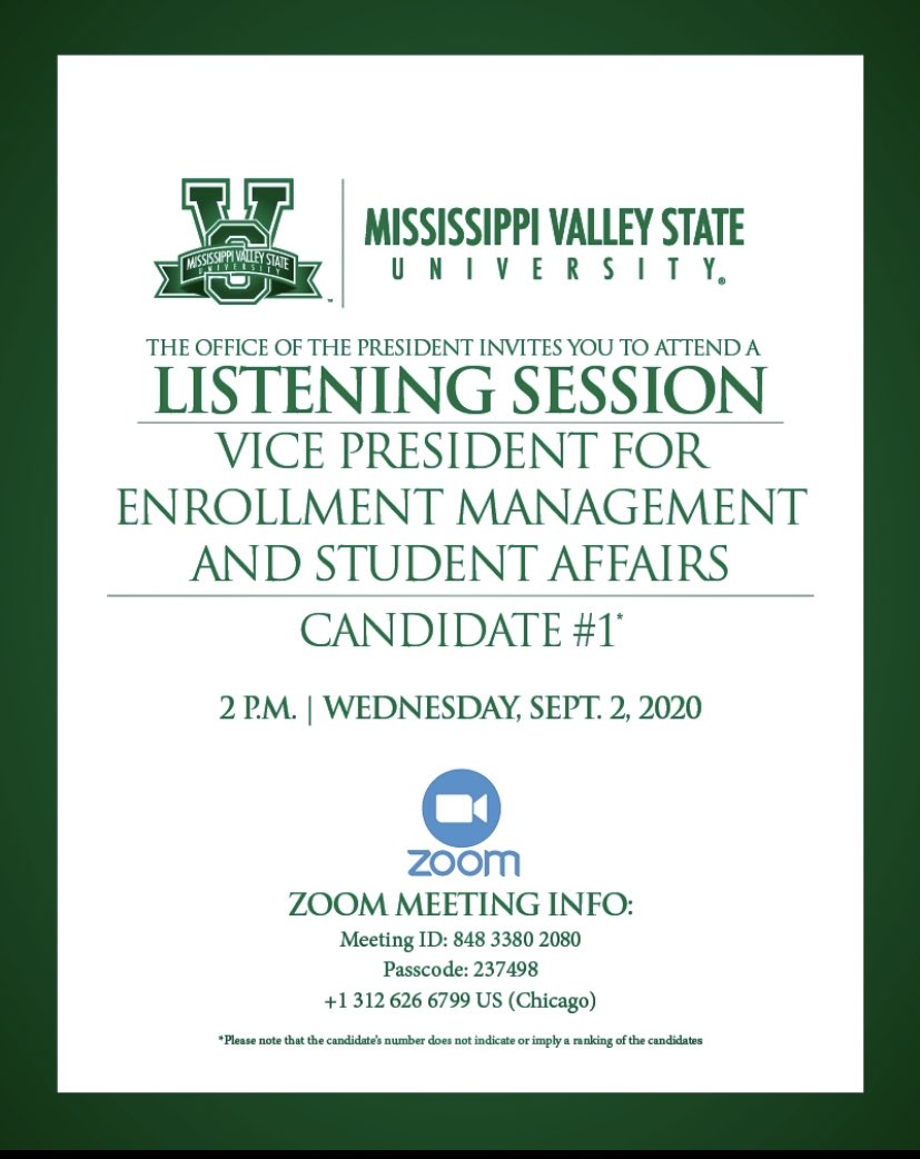 HCFPresDJJr's tweet photo. #MVSU1950 Office of the President, Jerryl Briggs, invites you to attend a listening session of the candidates for VP for Enrollment Management and Student Affairs.

Please see the flyer for Zoom information, dates, and times.
#ValleyInMotion
#HigherEDProfessionals https://t.co/fFijEgBhnW