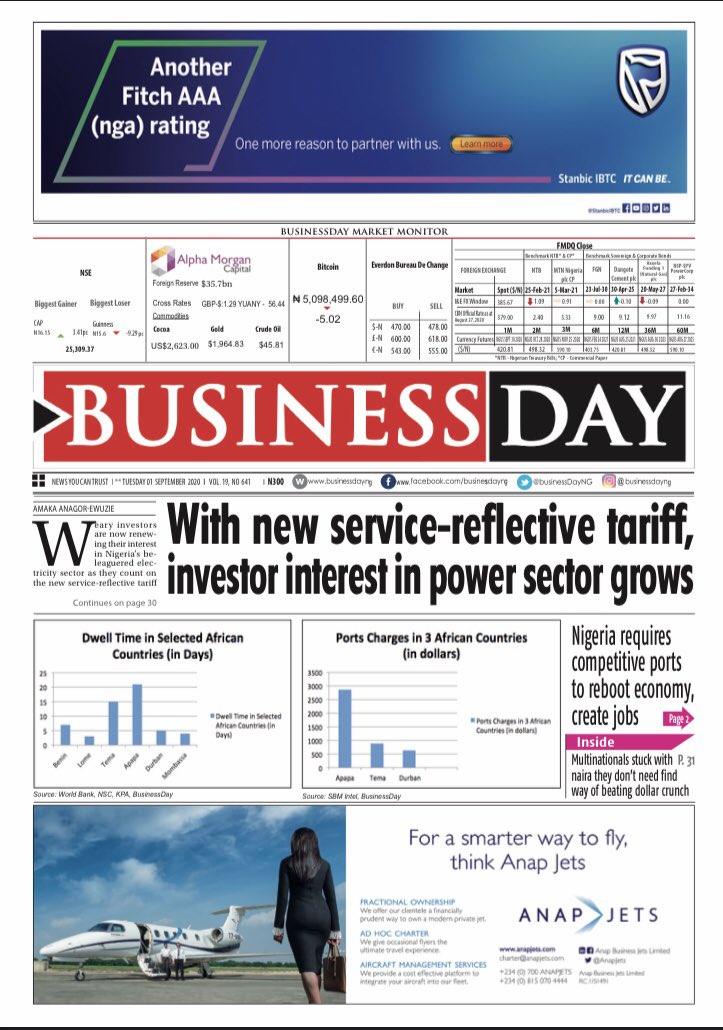 BusinessDayNg's tweet photo. FRONT PAGE: With new service-reflective tariff, investor interest in power sector grows https://t.co/iRg1ZyzB57