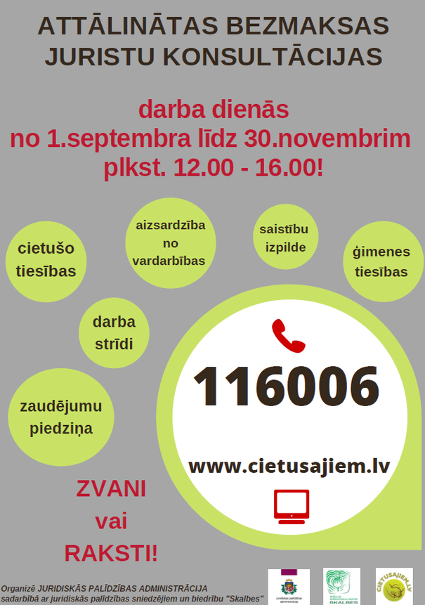 Cietusajiem_lv's tweet photo. Sākot ar šodienu! No plkst. 12.00 - 16.00 būs pieejama attālināta juristu konsultācijas pa tālruni 116006 https://t.co/S7oBGkNSiU