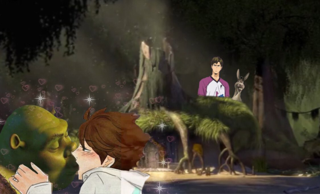 oikawa x shrek with ushijima and donkey watching