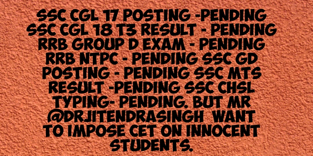 chandreshthak10's tweet photo. #speakupforSSCRaliwaystudents
@narendramodi and @DrJitendraSingh 
We don't want another red tape of red-tapism to delay recruitment process we reject NRA. We want all our pending result and posting within 3 months . https://t.co/ZIsexw0PHF