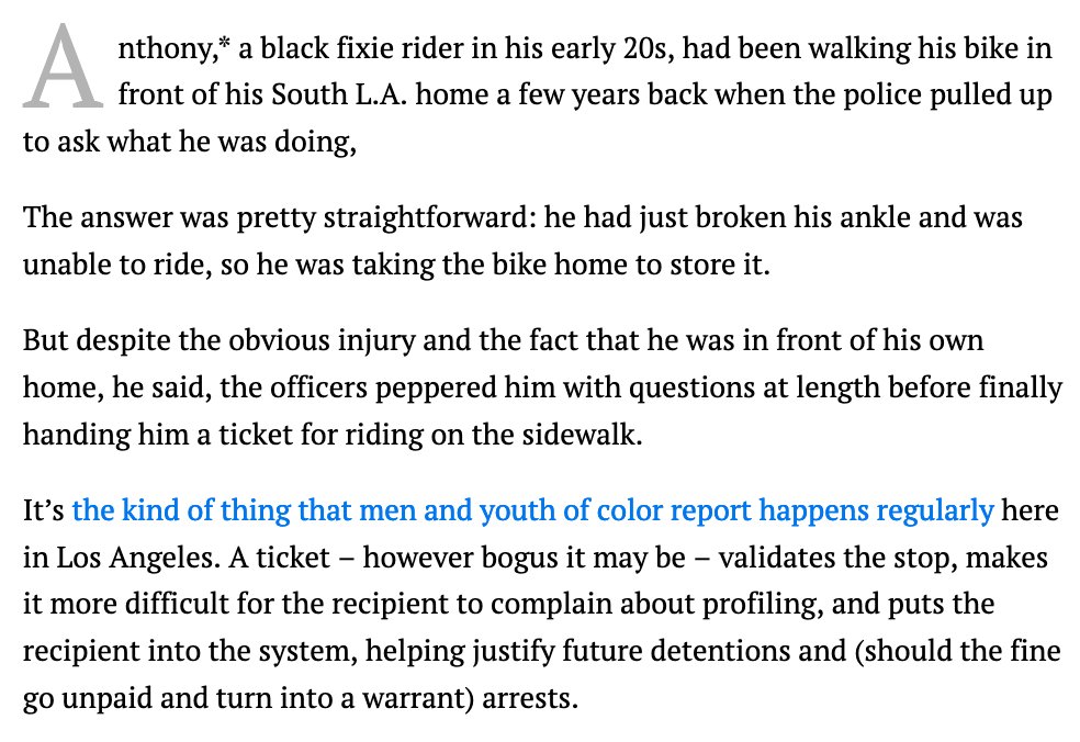 Taking the power away from police to write even bogus citations/have an excuse to stop someone is a good step...I don't want to minimize that. It's just not enough. Like in Anthony's case - LAPD harassed him with a bogus ticket when he broke his ankle just because they could.