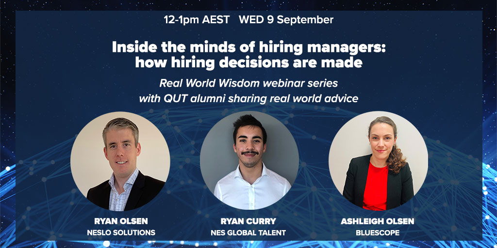 What do hiring managers look for in job applicants? Find out at our next Real World Wisdom webinar. Register here: bit.ly/2ERLSqQ 
#QUTBusiness #AlumniWebinarSeries #RealWorldWisdom #JobApplicants