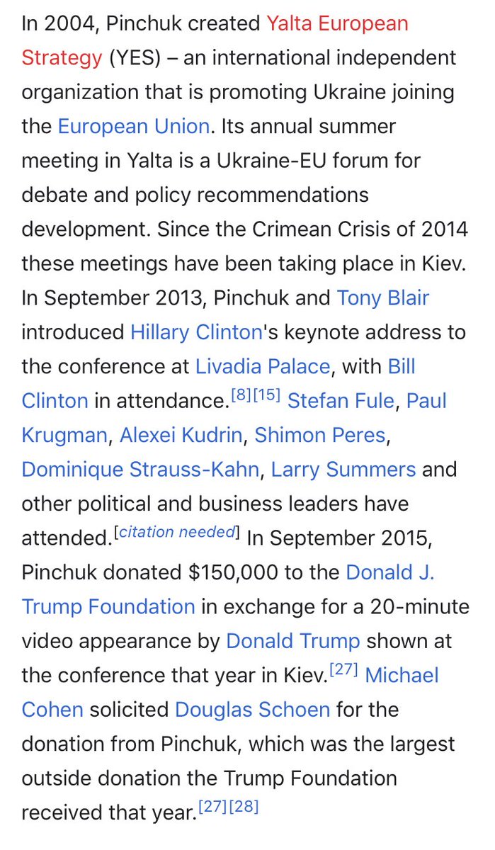 139/ VICTOR PINCHUKUkrainian oligarchAppears to throw money at people in power - but very tight with CIintonsLargest CF donor per  @DawsonSFieldAppears to have been involved in trying to set up  @realDonaldTrump ‘s Impeachment - set up a full-court MSM Press after donation