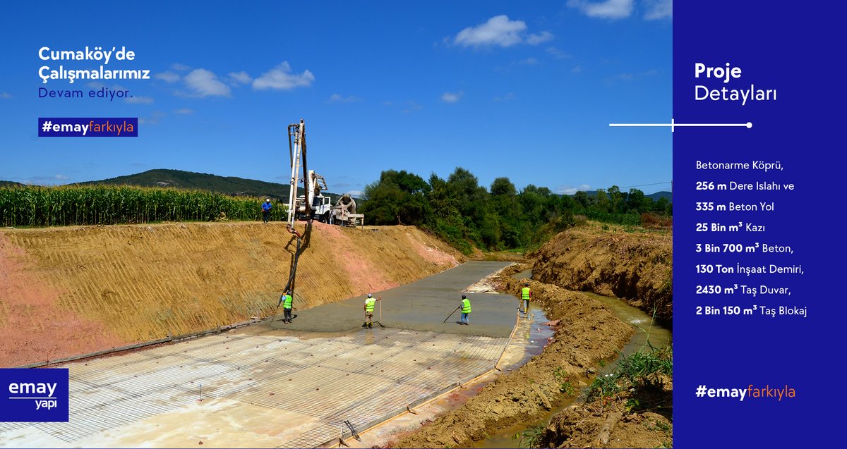 Kocaeli’nin her köşesine dokunmaya devam ediyoruz.  Daha yaşanılır bir kent için, Kocaeli Büyükşehir Belediyesi ile sürdüğümüz Cumaköy Deresi’nde ıslah ve köprü çalışmamız tüm hızıyla devam ediyor.

#emayfarkıyla #Kocaeli #Project