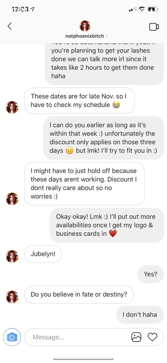 so back in oct-nov 2018 i was starting my business and a girl dmed me about my availability, no harm, right? also at the time i was v skeptical with spirituality etc etc i DID NOT WANT TO PARTAKE IN THIS BUT SHE WAS VERY INSISTENT and i felt like i had to say yes to everything.