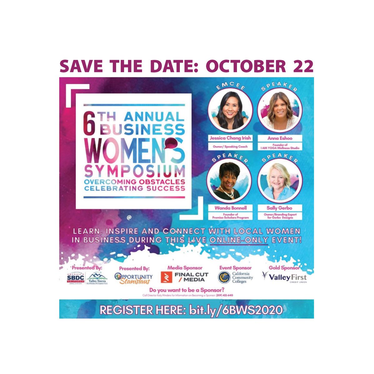 Save the Date! OCT 22
The 6th Annual Business Women's Symposium is coming up AND I'M THRILLED TO BE A SPEAKER! 
.
Learn from the best in the biz, ask your questions, and connect with others in networking breakout groups! Tickets only cost $10, Register ... bit.ly/6BWS2020