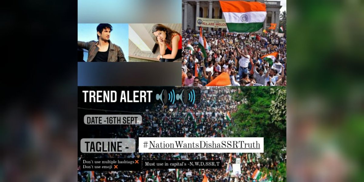 rupali2312's tweet image. 🔱 Trend Activity Today 🔱

For Our Beloved Sushant ✅ 

Reality is the bitter Truth, Which the Nations Wants to know !

TAGLINE - #NationWantsDishaSSRTruth 

Use Tagline Accurately !
Use Single Tagline ! 

RT and Spread it