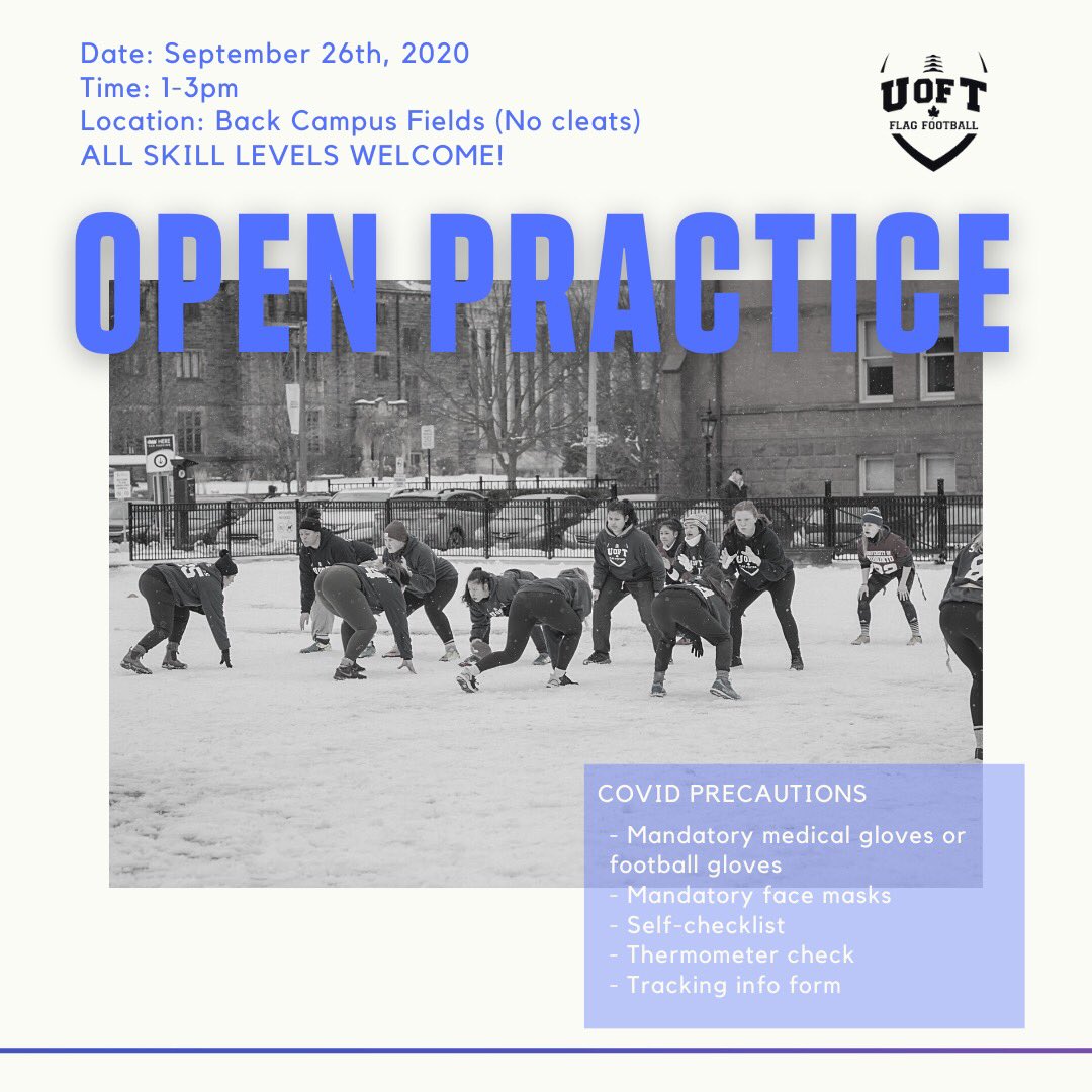 UofTWFootball's tweet photo. Join us September 26th from 1-3pm on Back Campus for our open practice! 

If you are new to football, have past experience, play varsity or intramural, we encourage you to come out! Practice is open to all skill levels.

See you all at practice! 🏈🎉 https://t.co/jqPvuvr1RI