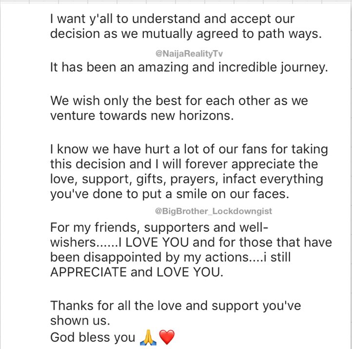 RealityTving's tweet photo. "Subjecting our relationship to realities of real life situation outside the love pad proved a mismatch...we don't want to force this relationship"
#Slyvia and #chiddybankz known as #Chivia are no longer together, #Slyvia made his known on her IG page
#UltimateLoveNg #BBNaija https://t.co/8P8qzs9ONP