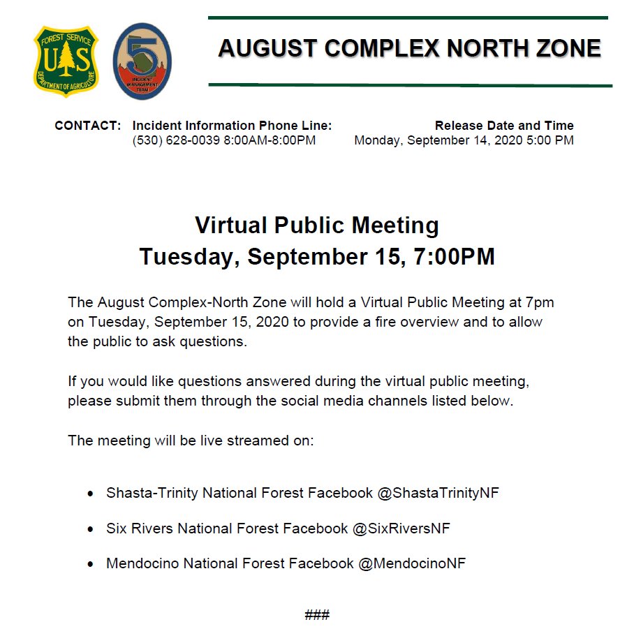 SoCalUSFS_Fire's tweet photo. #AugustComplexNorth virtual public meeting today at 7PM @ShastaTrinityNF @MendocinoNF @SixRiversNF. Get operational, weather, and community meeting updates by following forests' Facebook pages and at https://t.co/mds8oosDba #R5FireNews https://t.co/VihStQJYmu