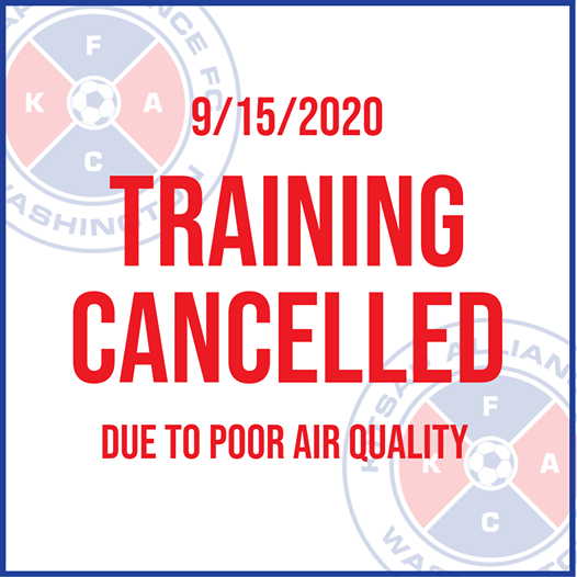 KAFCSoccer's tweet photo. Training is cancelled today 9/15/2020, due to unhealthy air quality.  #StaySafe #KitsapAllianceFC https://t.co/eS82Kb6Gw1
