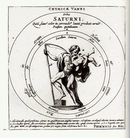 She then enters into the 'house' and eats of the 7 plates of the 7 dwarfs, these being the 7 traditional planets or metals. This is the 'solutio', Chronos devouring his children, or: the Sun descending in the 'House of Saturn' (corresponding to lead, the lowest metal).