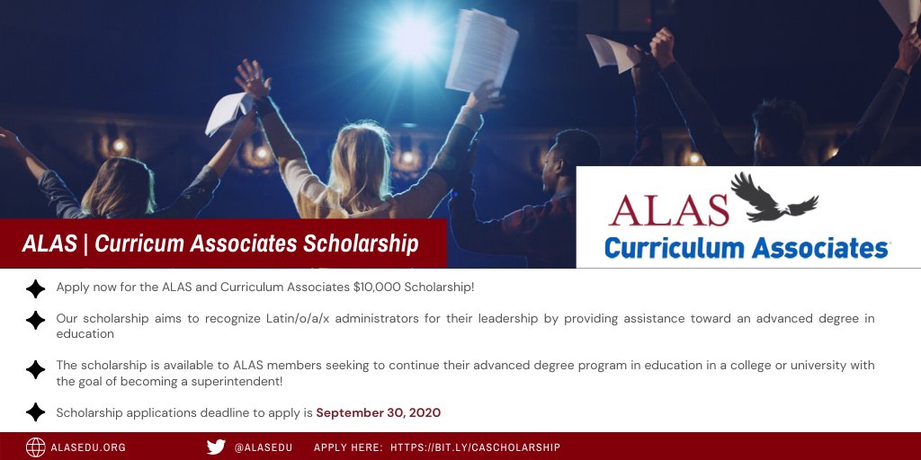 Only 2 weeks left to apply for our $10,000 scholarship! Thanks to our partners <a href="/CurriculumAssoc/">Curriculum Associates</a> for recognizing Latin/o/a/x leaders in education!  bit.ly/CASCHOLARSHIP <a href="/Florida_ALAS/">FL-ALAS</a>
<a href="/IllinoisALAS/">Illinois ALAS</a> <a href="/NYSALAS/">New York State ALAS</a> <a href="/ALASdeNM/">ALAS de Nuevo México</a> <a href="/GeorgiaALAS/">Georgia ALAS</a>
@alas_DMV <a href="/01COALAS/">Colorado ALAS</a> @ALASutah  <a href="/TexasALAS/">TALAS</a>