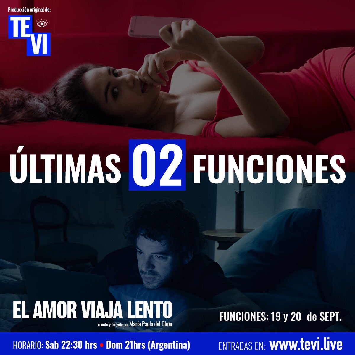 ¡ÚLTIMAS DOS FUNCIONES!
No te pierdas El Amor Viaja Lento este 19 y 20 de SEPTIEMBRE. Déjate conquistar por este amor a distancia. Ve por tus entradas a tevi.live 🔥