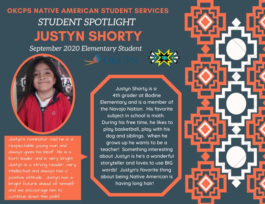 Staryellowfish's tweet photo. MEET JUSTYN! 
OKCPS Native American Student Services will be highlighting a student from Elem, MS and HS each month this school year!  Even though we aren't able to see our students in person, we still want to celebrate them!  #StudentSpotlight #NASSOkcps #IndianEd https://t.co/UKgy5E8PGu
