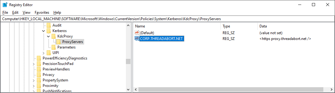 If configured, Windows will natively use HTTP(S) to proxy KDC messages. It's pretty cool. The way it works is also pretty simple. Windows is configured with a couple registry keys that map a realm to a proxy server.