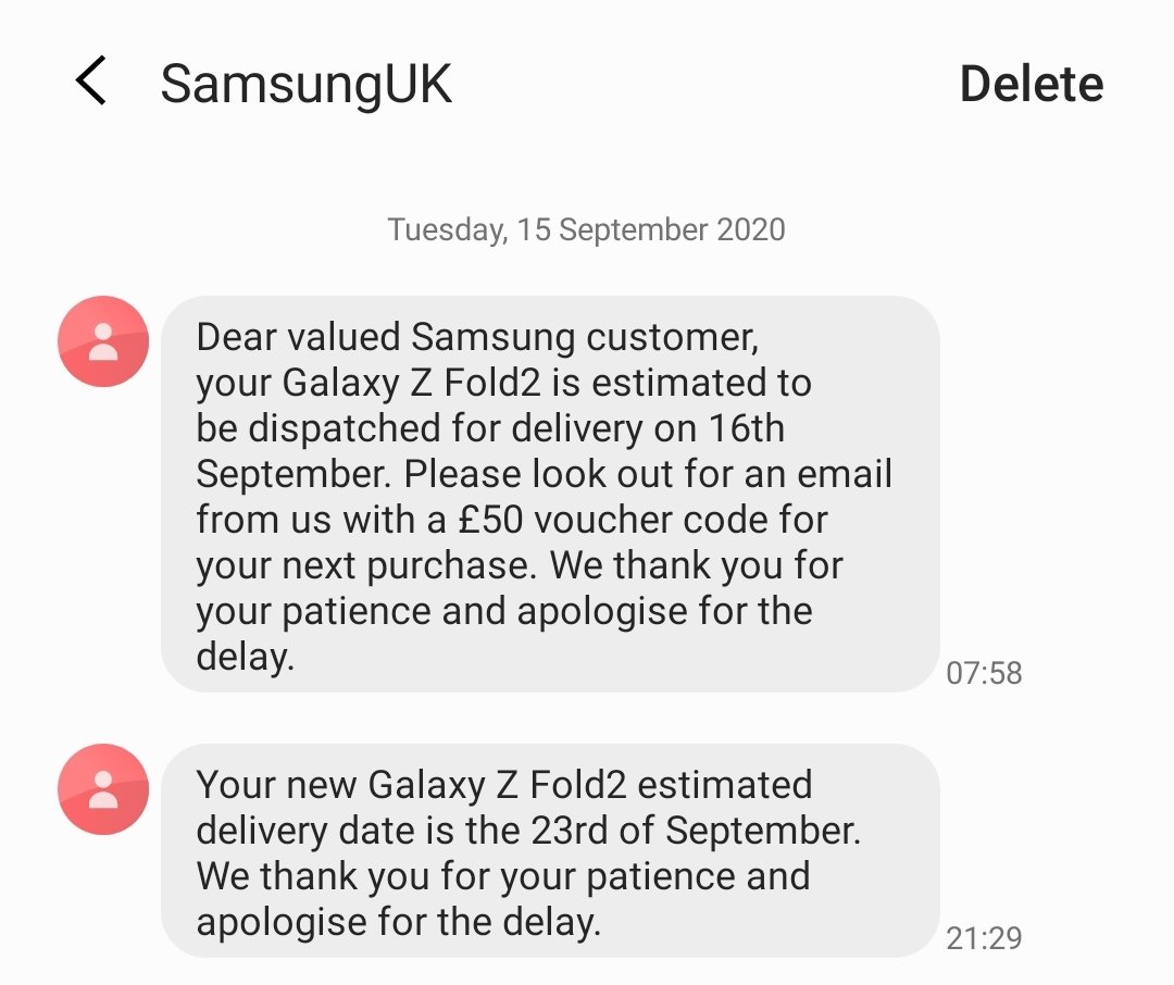 dcarter_tweets's tweet photo. @SamsungMobile @SamsungUK I'm soo disappointed already. You advertised that if I preordered, I'd receive a few days earlier. Now I'm getting it AFTER people that will order after me?! £2000 and no phone! #Samsung #GalaxyZFold2 #PreOrder #BadService https://t.co/kVJ63hkQpz