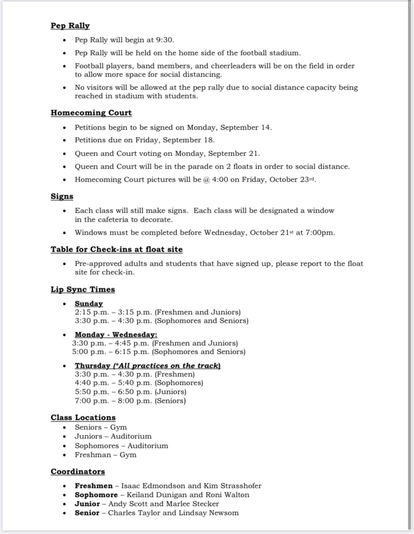 As promised below you will find ⭐️⭐️2020 HOMECOMING INFO ⭐️⭐️

In order to make Homecoming 2020 a reality for our students, ALL guidelines must be followed.
