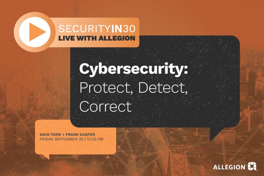 AllegionUS's tweet photo. How have cybersecurity strategies shifted over the years? Join Dave York and Frank Kasper for our Security in 30 webinar discussing shifts in cybersecurity to focus on detection and response and what it means for access control https://t.co/jnmgF4xFlx #securityin30 #cybersecurity https://t.co/OIxYvoa2bb