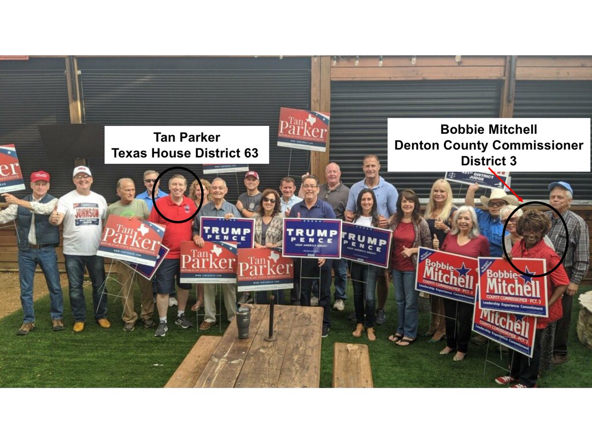 FloMo_Dems's tweet photo. Denton County elected officials acted carelessly during an event last week-end. Tan Parker who represents Flower Mound in the Texas House and Bobbie Mitchell who is the Denton County Commissioner District 3 are pictured here: no social distancing and no masks. https://t.co/sql9XnJ2LS