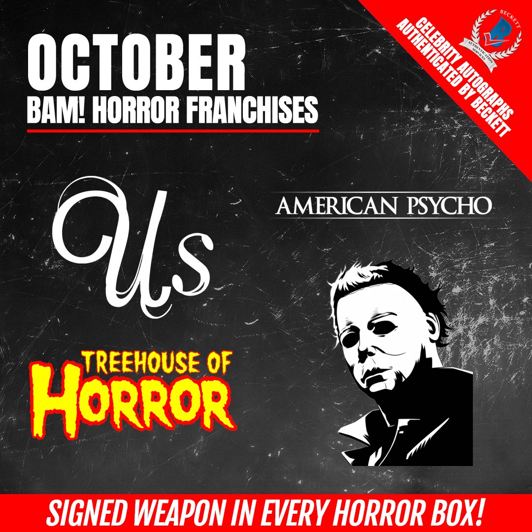 starpicscards's tweet photo. ***OCTOBER HORROR BOX FRANCHISE REVEAL***

We told you we had a surprise for October. EVERY box will have a signed weapon inside! What is sure to be a fan favorite prop and a crossover pin set. Horror box is doing October right. Get yours at https://t.co/SHYhcz8Owf #horrorguild https://t.co/tfos2rkOch