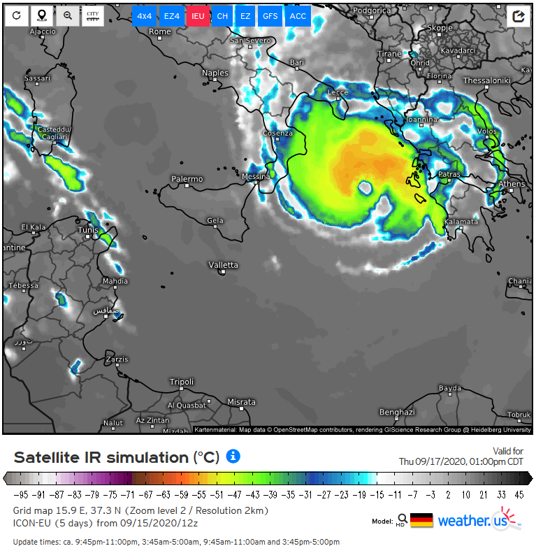 glezjuanje's tweet photo. ICON model shows a fully tropical #medicane development over the Mediterranean Sea. Gusts up to 200 km/h and a pure convective eye as seen from satellite simulations. This is impressive!

@ecazatormentas @Stavros_Dafis @severeweatherEU https://t.co/urgyzm76Rq