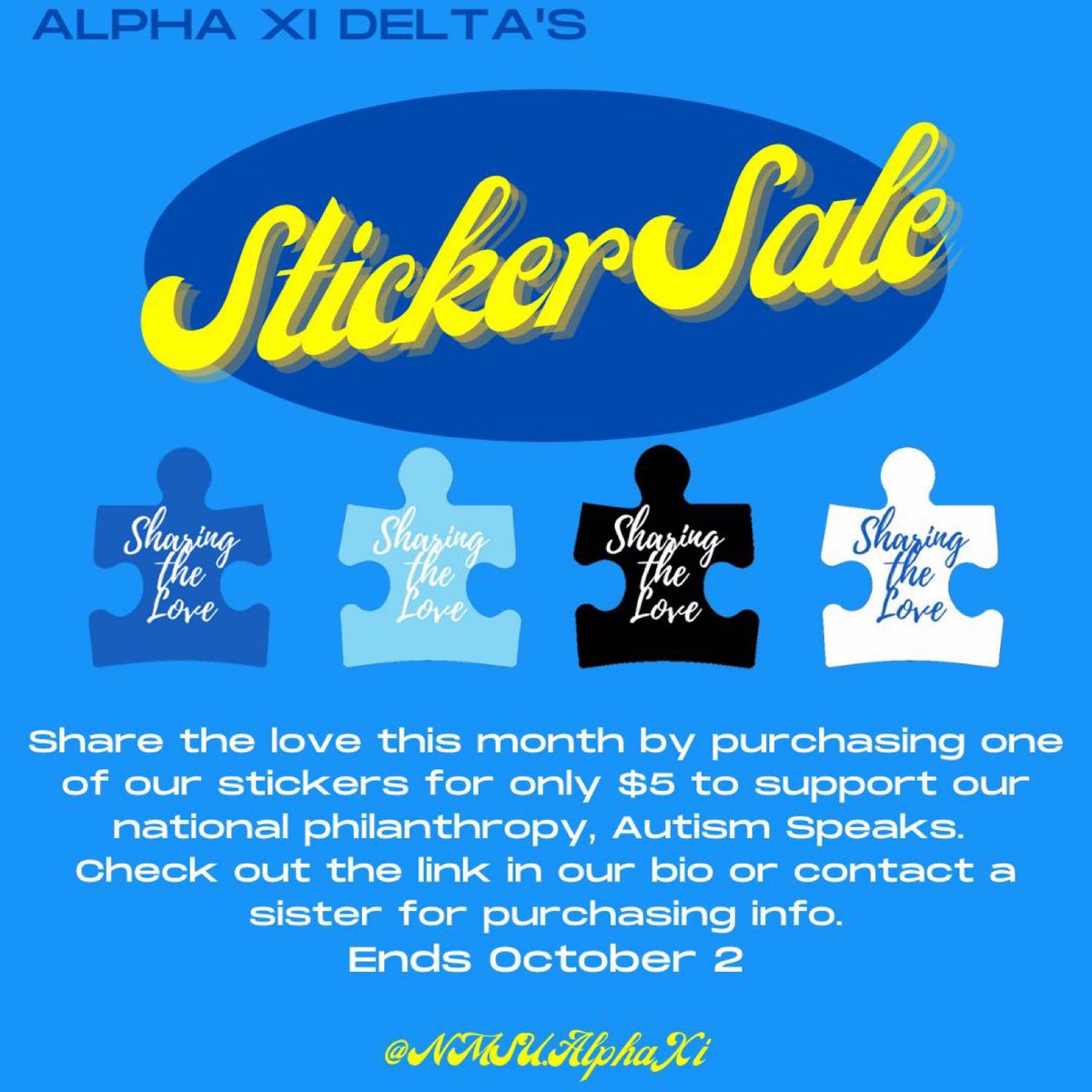 we are having our first philanthropy event of the semester to bring more awareness and acceptance of autism in the community. share the love by purchasing a puzzle piece sticker to show your support! link in bio!! all proceeds go to autism speaks 💛