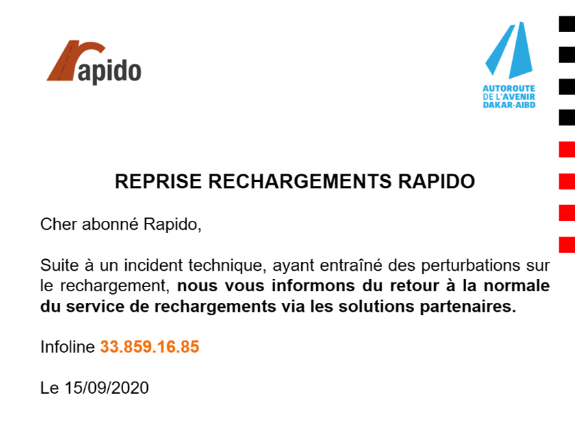 autorouteavenir's tweet photo. Cher clients,
Nous vous informons du retour à la normale du service de rechargement Rapido via nos solutions partenaires ✅!
Profitez de la promotion actuelle pour bénéficier de 20% de bonus 😉🎉🎉 !
#AutorouteDeLavenir #PromoRapido #CustomerFirst #kebetu https://t.co/Z9WA1cXSjC