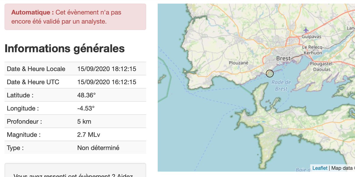 Tremblement de terre de magnitude 2.7 ressenti à 18h12 à #Brest et ses environs. Est-ce l'effet généré par l’opération de destruction d’une mine allemande de 970 kg dans le port de commerce de Brest ?