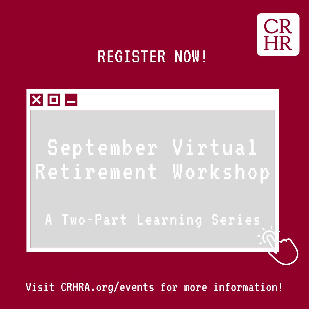 This Week! Join #CRHRA for a Two-Part Virtual Learning Series  

Part I: #Medicare During and After Your Working Years | 9/17/20 at 12 PM   

Part II: #HR Guide - Understanding Social Security and #Retirement Planning | 9/24/20 at 12 PM 

Register Now! crhra.org/index.php?opti…