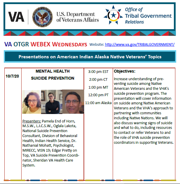 RMIRECC's tweet photo. The VA Office of Tribal Governmental Relations presents

#MentalHealth #SuicidePrevention #NativeVets

October 7, 2020 @ 1pm MT

@IHSgov @SheridanVAMC @NVMohatt 

Register:
https://t.co/Ma0CdIuw7z https://t.co/MIySBy2SCw