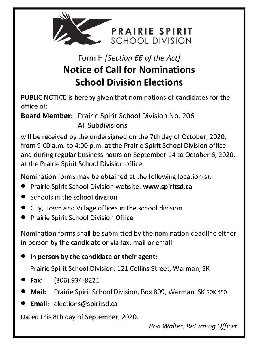 prairiespiritsd's tweet image. Board of Education elections will take place on November 9. If you are interested in running for a @prairiespiritsd Trustee position, pls see the Candidate Information Package:  buff.ly/32xo6K5. Nomination deadline: October 7. More info at: buff.ly/2RH8ygJ.
