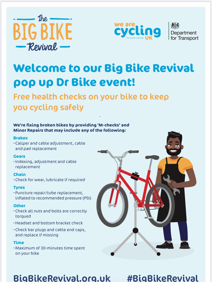 BeCycling_Chris's tweet photo. This Saturday coming we are again in Myrtle Park
Dr. Bike - pumping tyres, tightening bolts, safety ‘M’ check, basic repairs
Covid Secure
Health and Safety procedures in place to minimise risk and maximise enjoyment.
First Come First Served
#bigbikerevival #BBR https://t.co/eTtpiTB64g