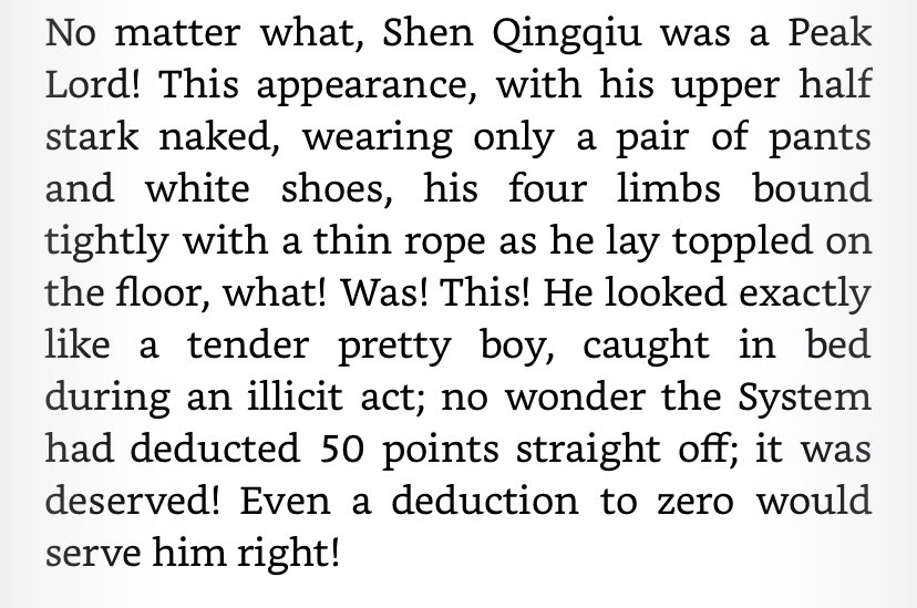 The previous chapter ended with “he was naked” and this chapter opened with “he was naked from the waist up” which my partner and I agree is not the same thing.