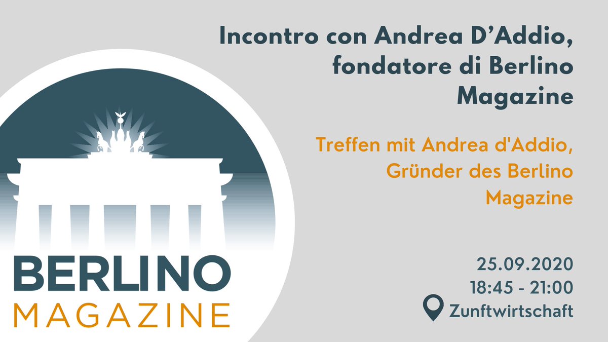 Volete capire meglio le relazioni culturali tra l'Italia e Berlino? Venite all'incontro con Andrea D'Addio il 25 settembre 2020!

- Dove? Zunftwirtschaft 
- Quando? 18.45 - 21.00
- Lingua: italiano 
- Ingresso: gratuito
- Prenotazione: info@danteberlin.com