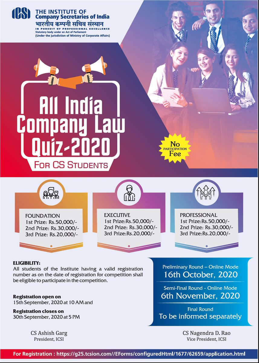 icsi_cs's tweet image. #RegisterNow for All India #CompanyLaw Quiz - 2020 g25.tcsion.com//EForms/config… #csashishgarg