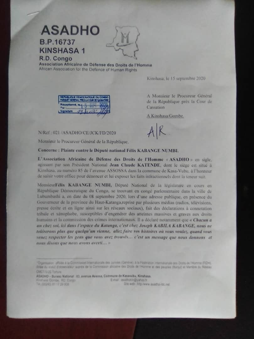 JeanClaudekat2's tweet photo. L'Asadho a porté plainte contre Monsieur Félix Kabange Numbi ce jeudi 15 septembre 2020 https://t.co/BrgDgsoD9d