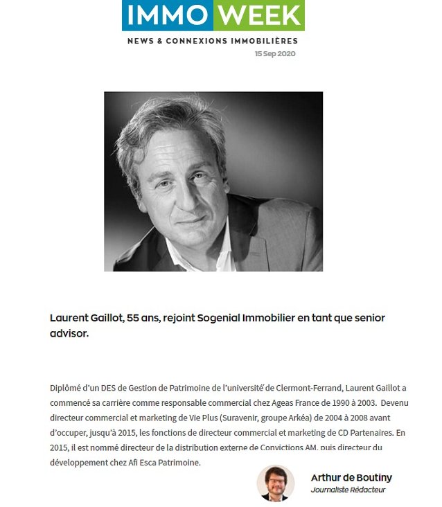 SOGENIALIMMO's tweet photo. #NOMINATION @immoweek : @SOGENIALIMMO est très heureux d’accueillir @GaillotGlt au poste de #Senior #Advisor. Laurent prendra en charge le développement de notre gamme immobilière dédiée aux investisseurs professionnels. @ABoutinstein https://t.co/8qHgLG8Zb3 https://t.co/LaLUmW7Mh8