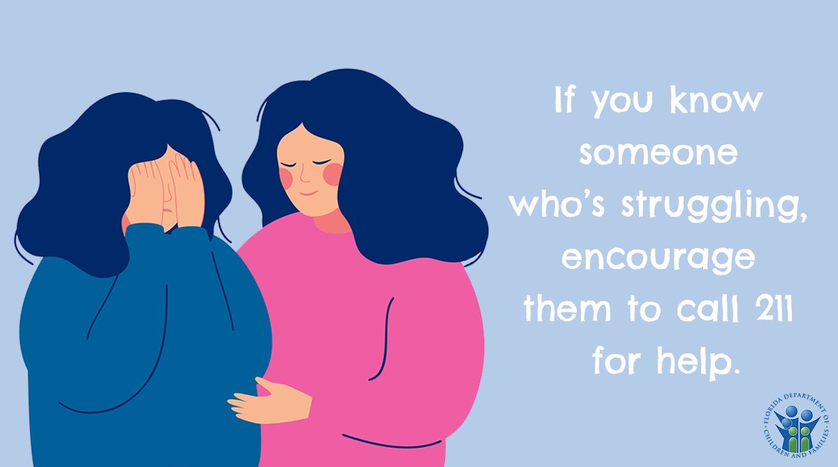 MyFLFamilies's tweet photo. If your loved one is struggling with their mental health, encourage them to call 211 today. Whether they’re looking for information, referrals to local programs, or just someone to talk to, 211 is there, ready to help. 

📞 2-1-1 or  text your zip to 898211. #Here2Help #211FL https://t.co/ihTXRYYZvH