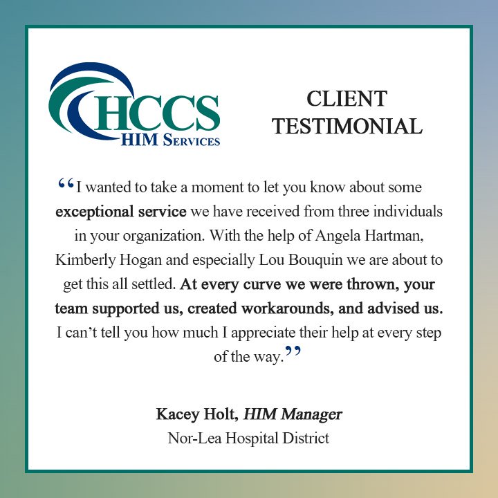 HCCSCoding's tweet image. We are incredibly grateful for all the feedback we get from our clients! Here are a few words about the amazing #HCCSfamily members that work with the Nor-Lea Hospital District. #HIMcommunity