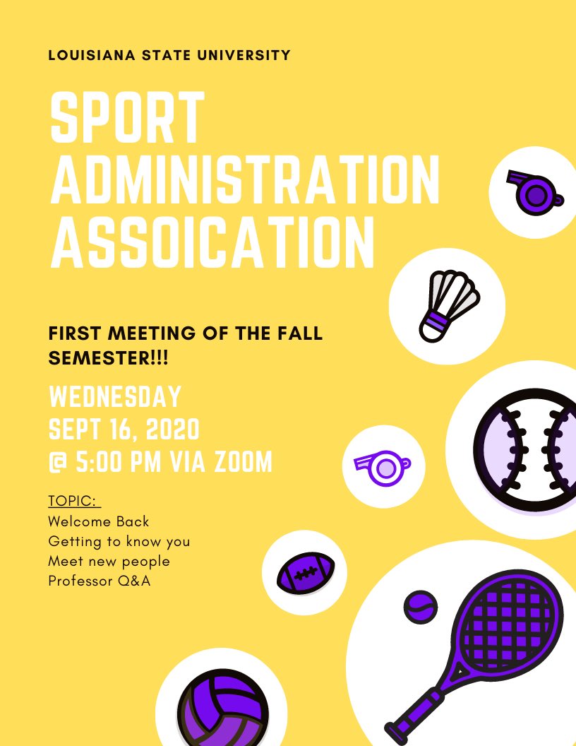 LSU_SAA's tweet photo. Hey tigers! Our first meeting is tomorrow evening at 5 PM via zoom. We hope to see you there!!🤩 https://t.co/uYJnc4Xo5I