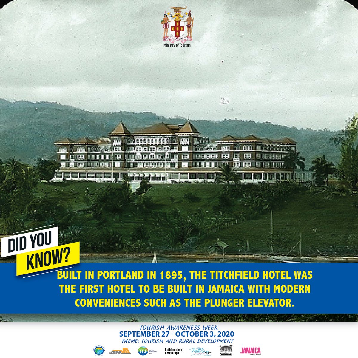 tourismja's tweet photo. Did you know❓
👉Built in Portland in 1895, the Titchfield Hotel was the first hotel to be built in Jamaica with modern conveniences such as the Plunger elevator.
@tpdcoja
#MinistryOfTourism #TPDCO #DidYouKnow #Portland #Jamaica https://t.co/zZyhvhLldN
