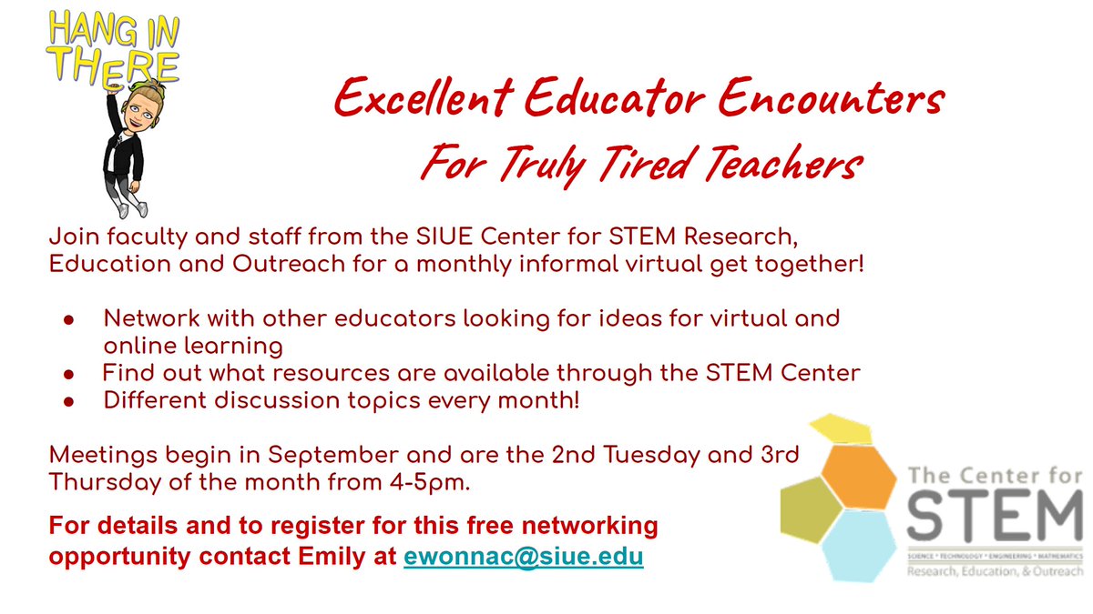siuestem's tweet photo. Amazing teachers!!!! Looking to connect with other teachers in the area and chat about strategies to manage. Come hang out at our Excellent Educator Encounters for Truly Tired Teachers! We've got one coming up this Thursday. More details below! #teacher https://t.co/HmM7QCzzNF