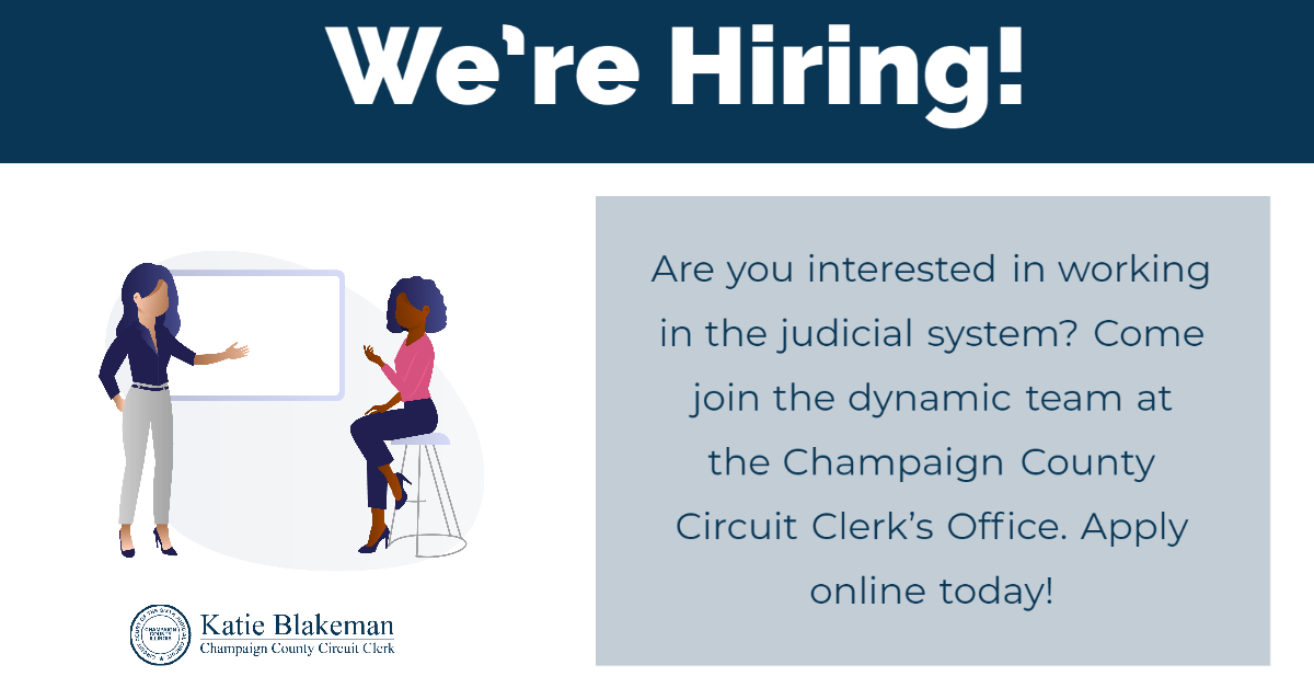 The Champaign County Circuit Clerk's Office is hiring a Legal Clerk! We are looking for someone with excellent customer service skills, attention to detail, and a desire to help the residents of Champaign Co. Salary is $15/hr. Apply online at ow.ly/n3Wp50BrzIP