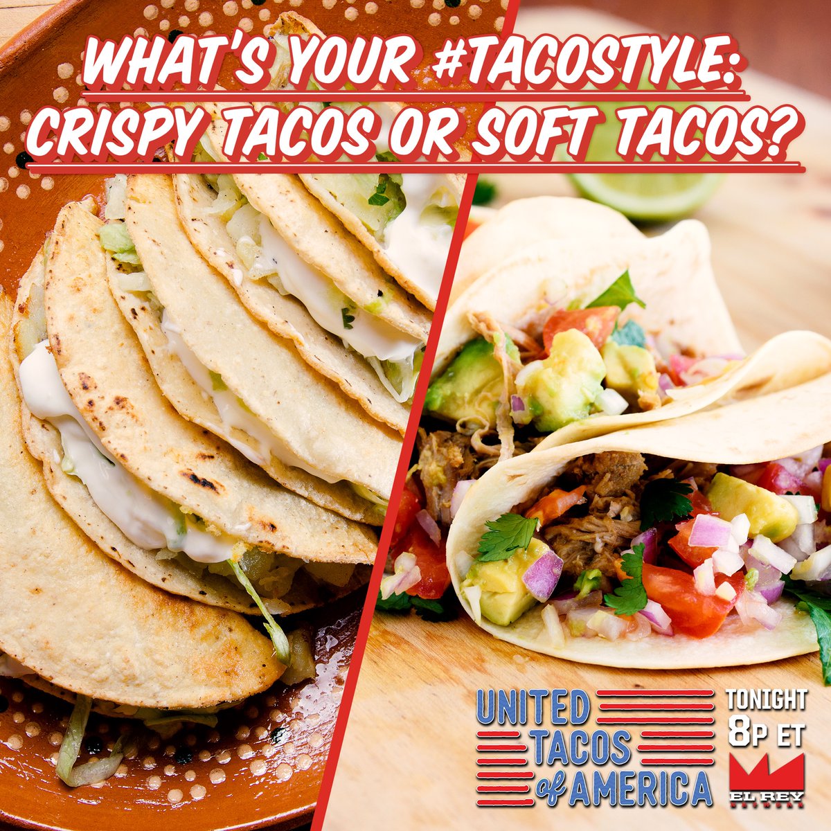 Elreynetwork's tweet photo. What’s your #TacoStyle: Crispy or soft tacos?💥🌮
This #TacoTuesday @elmundodemando & @jneece are repping Taco Style as they chat with local fashion designers on how they incorporate Taco Culture in their craft. TONIGHT on @UnitedTacosUSA at 8p ET! https://t.co/3W3wW5c62D