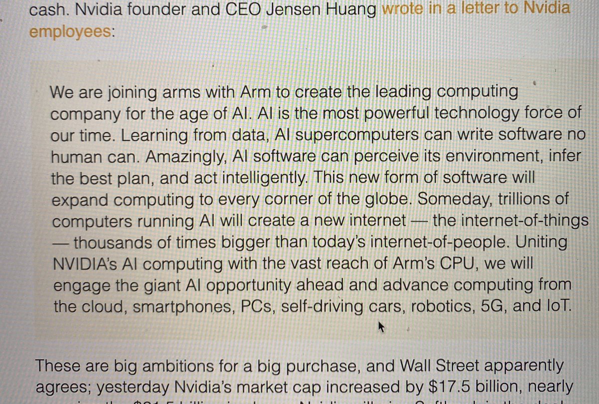 NadimHossain's tweet photo. So...no one’s going to call out Jensen for this gem of a statement? “We are joining arms with ARM...”
Media Relations people of the world: you can do better.
#NvidiaARM #nvidia https://t.co/z2aw6nTmSr