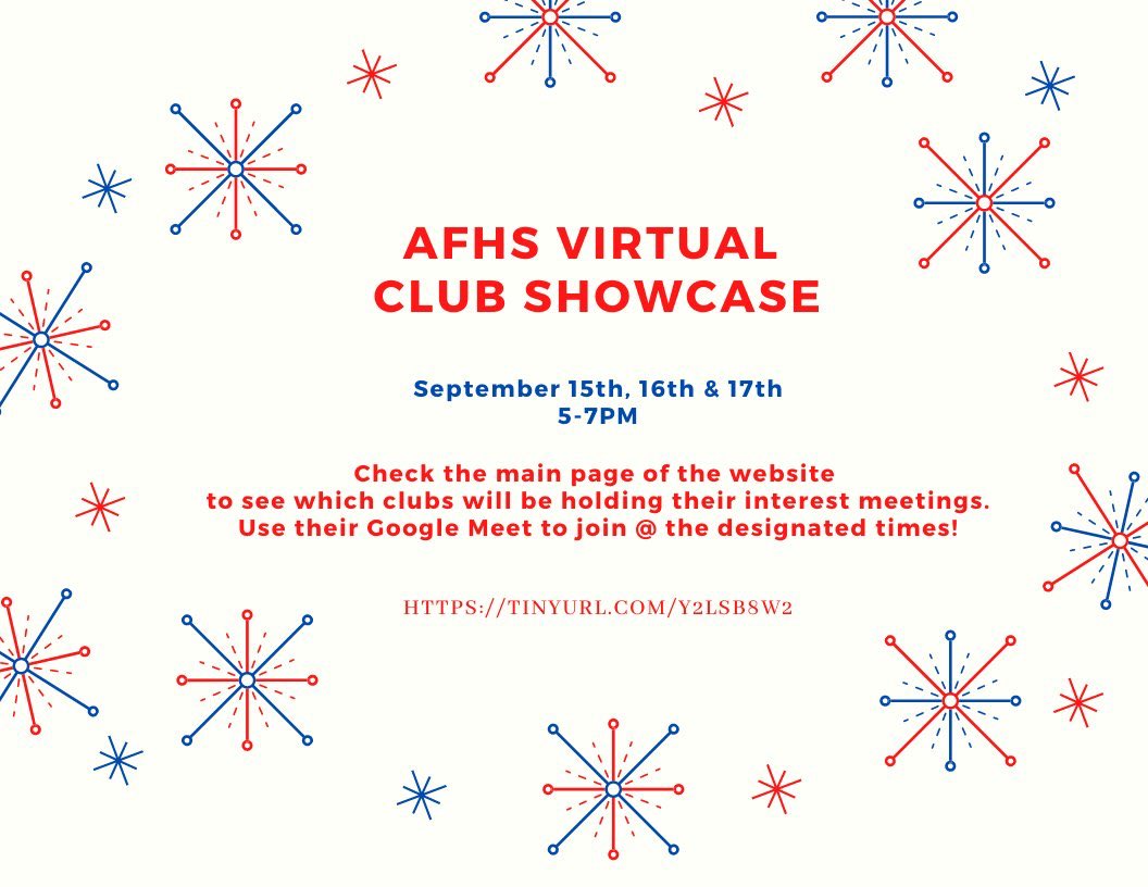 AFHS_unify's tweet image. Come see us at the virtual showcase tonight from 6:15-6:30! We can’t wait to see you! 🥳